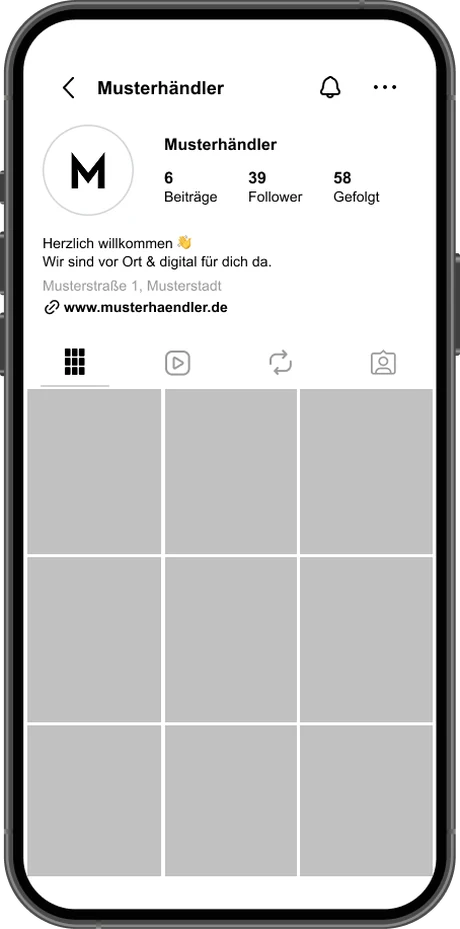 Instagram-Profil eines Fachgeschäfts mit grauen Kacheln